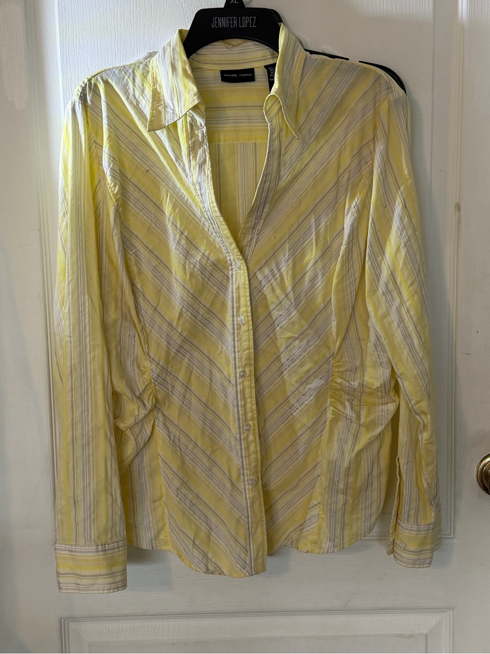New York & Company Yellow and White Striped Button-Up Shirt